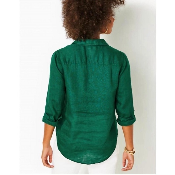 NEW LILLY PULITZER sea view linen button down top in evergreen - Picture 7 of 14